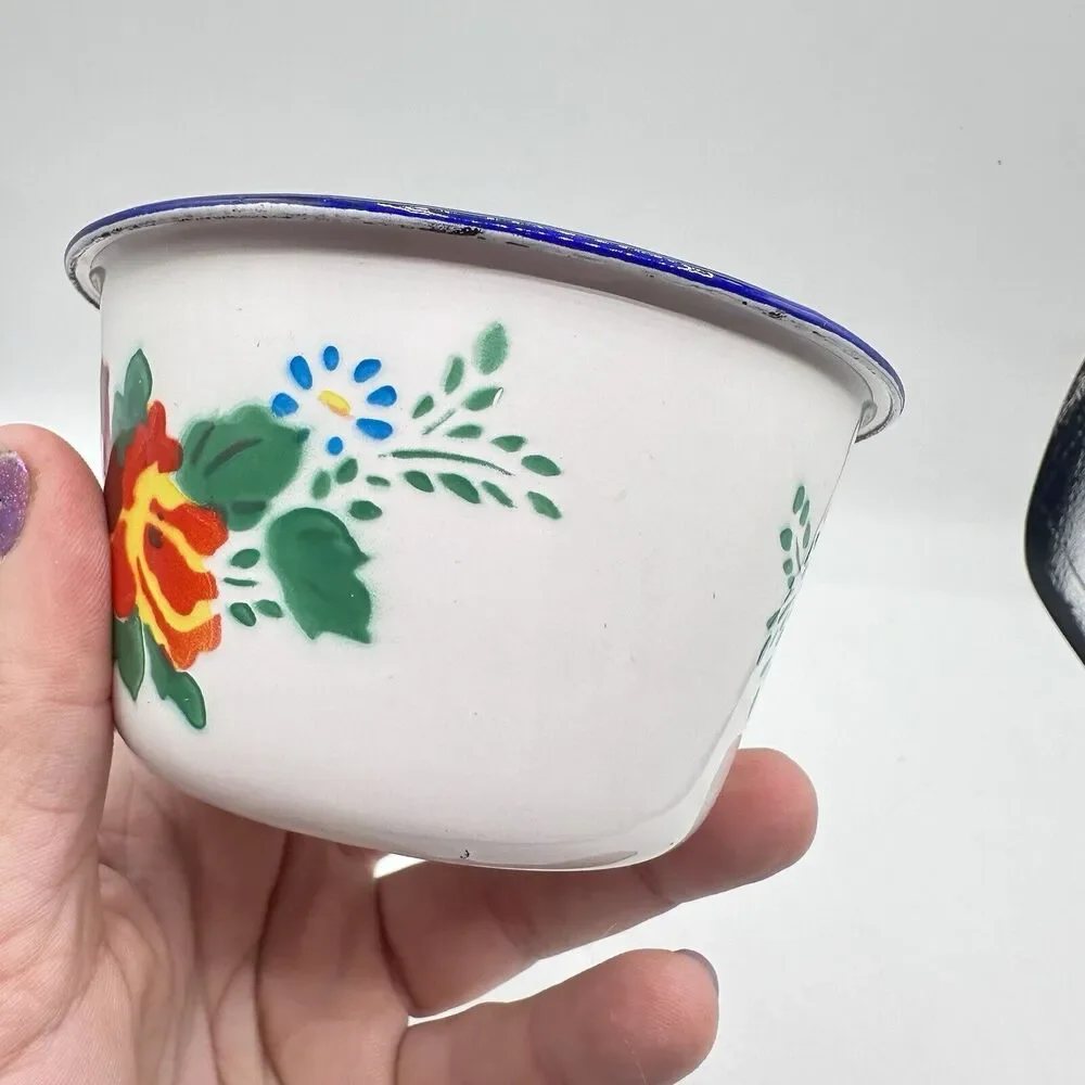 Vintage Mini Floral Enamel Pot Trinket Dish Roses Retro Kitsch Decor - Picture 10 of 13